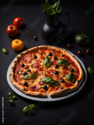 pizza on a table, Pizza photography with black background, top view, Generate AI