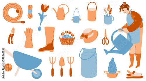 Garden set with woman with watering can, threads, bucket, slipper shoes, hat, secateurs, plants and other. Vector illustration in blue and brown colors.