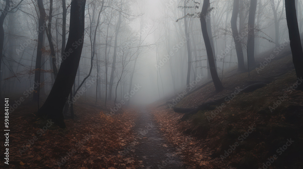 Enchanting Forest Path in Dense Fog. Generative AI Enchanting Forest Path in Dense Fog. Generative AI