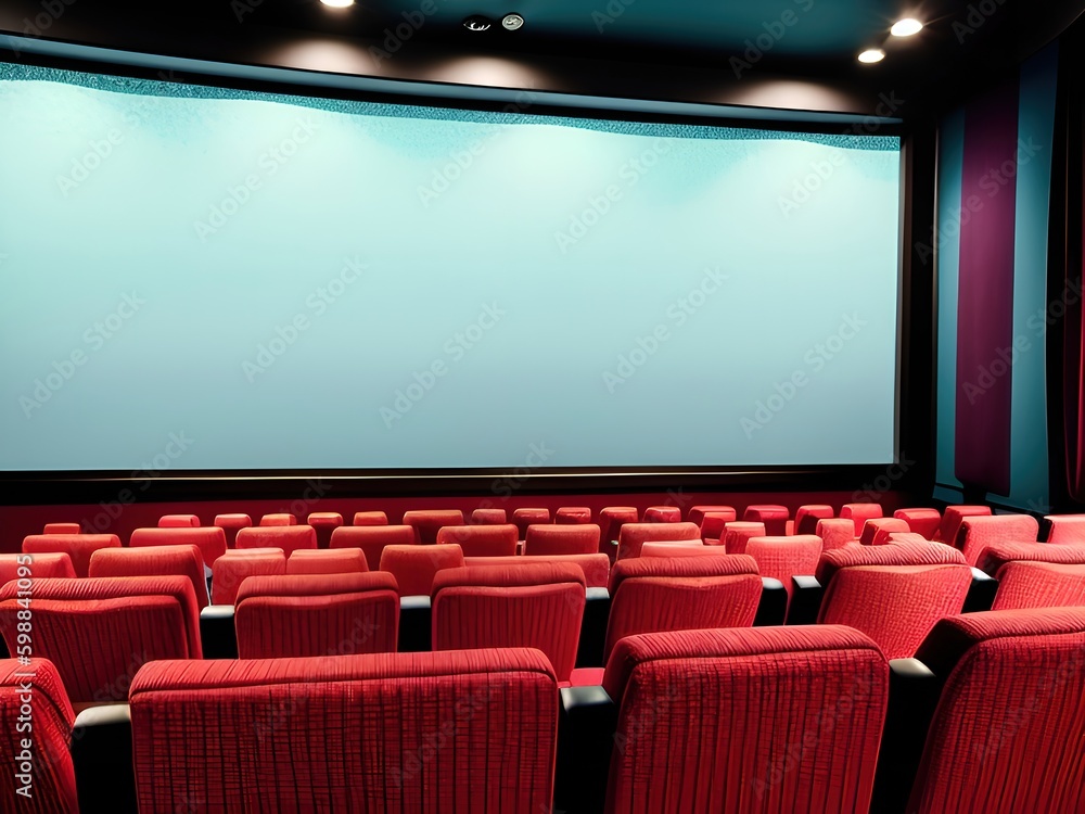Cinema auditorium with red seats and large screen. Generative AI