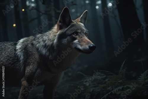 Wolf in a dark and mysterious forest at night. Generative AI © BraveSpirit