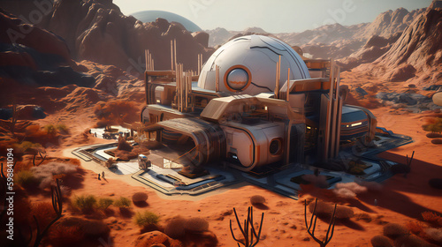 Extremely detailed and realistic high resolution 3d illustration of a colony on mars like planet. Generative ai.