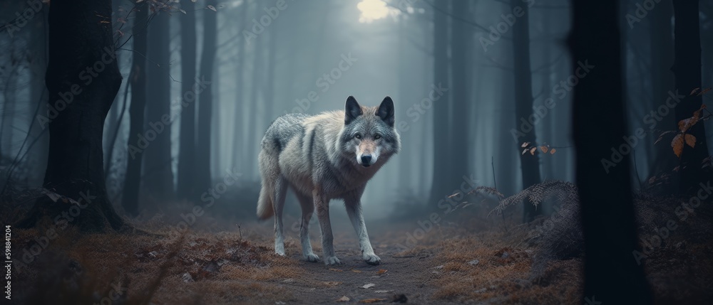 Wolf in a dark and mysterious forest at night. Generative AI Stock ...