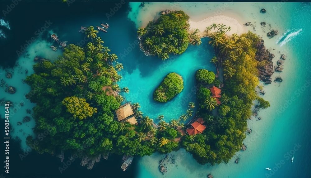 Aerial view of beautiful tropical island with palm trees and turquoise sea, Generative AI