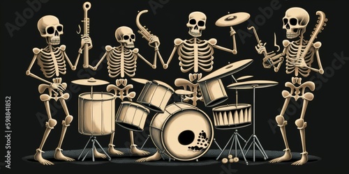 Set of skeleton playing drums and instruments. Generative AI illustration in cartoon style.