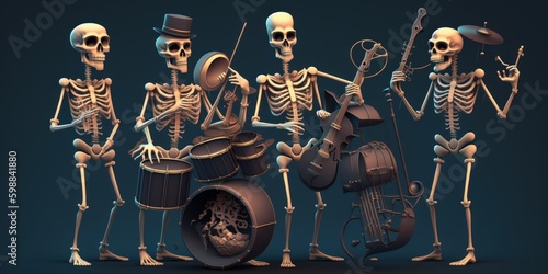 Generative AI of skeleton playing music with drum, saxophone, violin and drumsticks