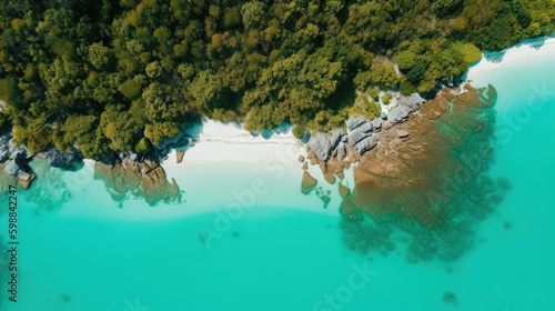 Breathtaking aerial view of a pristine, turquoise lagoon surrounded by lush. Generative AI