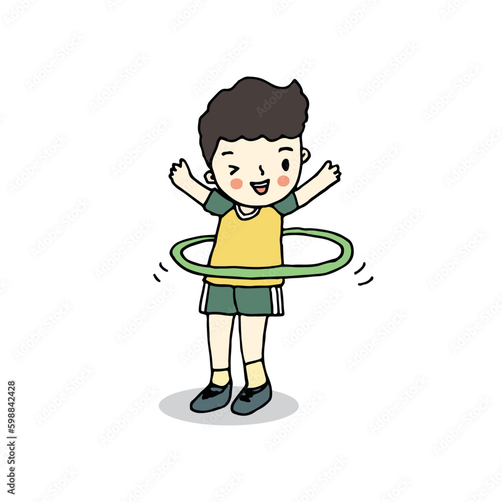 Fit boy with hula hoop doing sport exercise, cartoon drawing style vector illustration Fit boy with hula hoop doing sport exercise, cartoon drawing style vector illustration