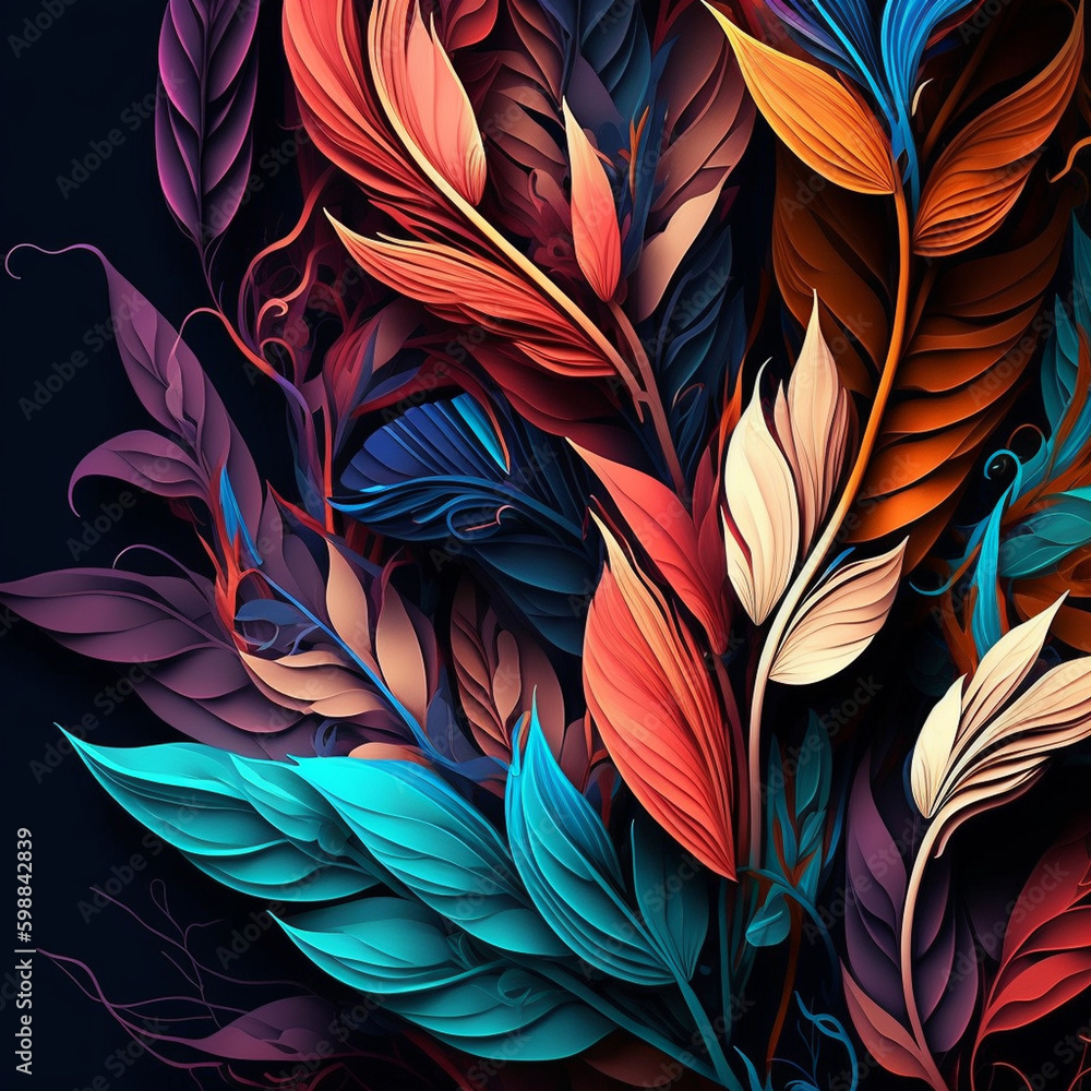 Original floral design with exotic flowers and tropic leaves. Colorful flowers on dark background.