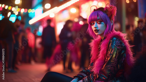 Glamourous young woman with purple cyber goth hair and hot pink faux fur jacket sitting outside in crowded urban street near nightclub, rebellious striking beauty - generative ai