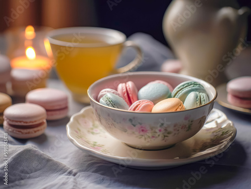 Sweet and colourful french macaroons on retro-vintage background. Ai generated