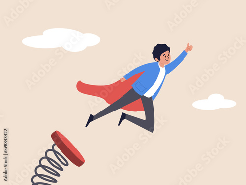 Leadership concept. Boost up your business growth. Confident businessman jumping springboard up high in sky. Improvement, career path or job promote to higher position, career ladder, Generative AI photo