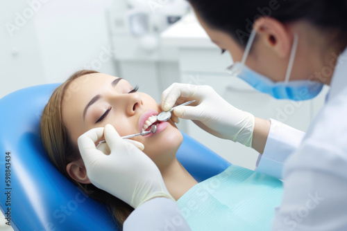 Young woman undergoing an orthodontic examination. Generative AI