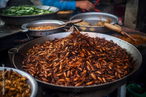 Preparation of fried insect food on a street food market