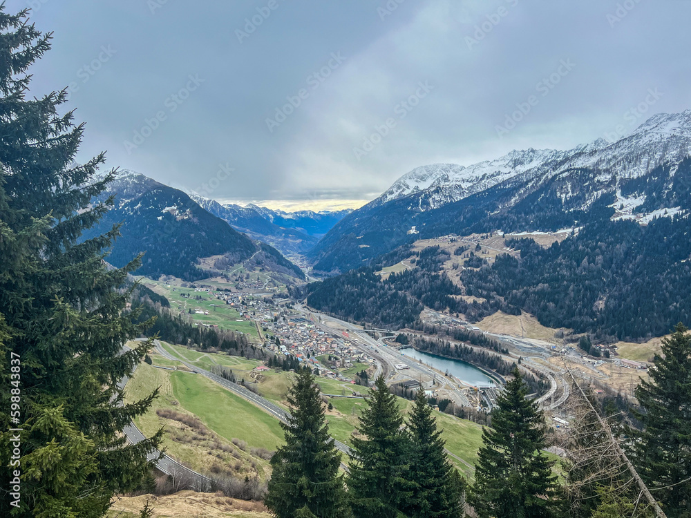 Aerial view of Airolo village in the Swiss Alps, from the Gotthard Pass, Switzerland