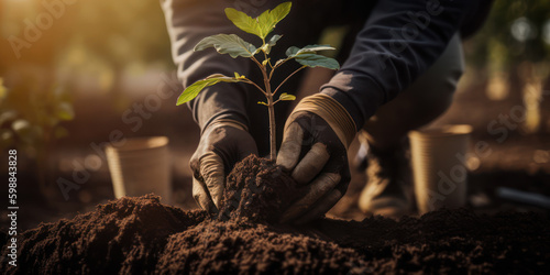 Generative AI image of a volunteer planting trees, working in community garden promoting local food production on earth day. Concept of sustainability.