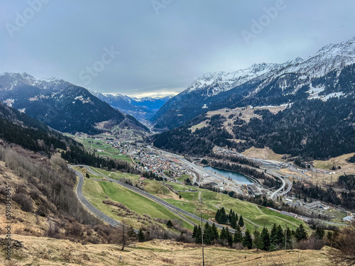 Aerial view of Airolo village in the Swiss Alps, from the Gotthard Pass, Switzerland