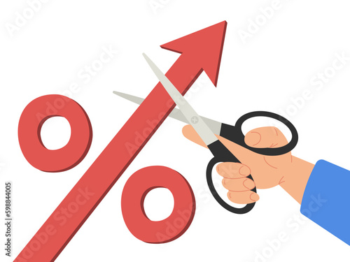 Economic crisis concept. Stop Inflation. Fed raised the central bank interest rate to curb soaring inflation. Big hand cuts a percentage mark with scissors. Business flat vector Generative AI