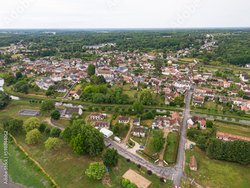 Aerial view of village Châtres-sur-Cher along the canal du Berry, Loir-et-Cher, Sologne, France