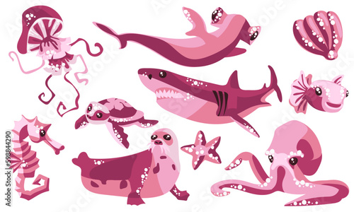 A set with sea animals. Cute abstract animals in pink tones swim in isolation on a white background. Collection of stickers on the theme of marine animals. Shark, octopus, turtle, seahorse, seal, etc
