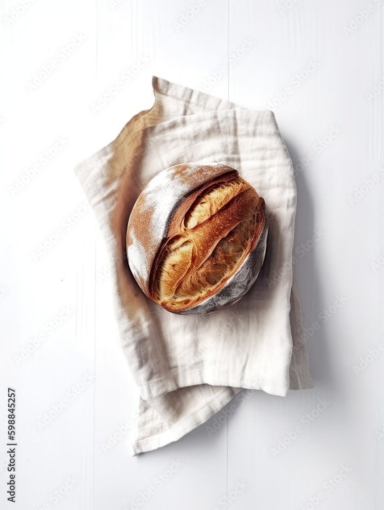 Frisches Leckeres Brot auf Handtuch auf Tisch, Weizen, Weißbrot, Roggen, generative AI Frisches Leckeres Brot auf Handtuch auf Tisch, Weizen, Weißbrot, Roggen, generative AI
