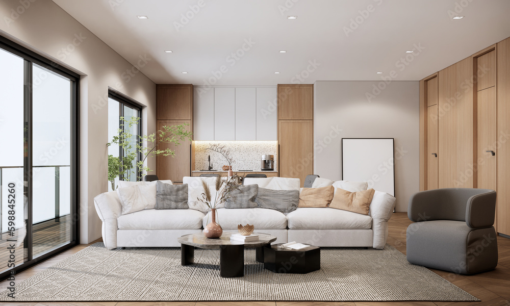 Modern living room interior design and decoration in earth tone, white sofa and pillows, wooden wall and parquet floor. 3d rendering apartment interior room with balcony