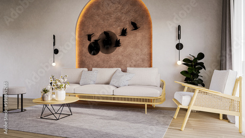 Fototapeta Naklejka Na Ścianę i Meble -  Living room inerior design and decoration with white sofa and grey carpet. 3d rendering
