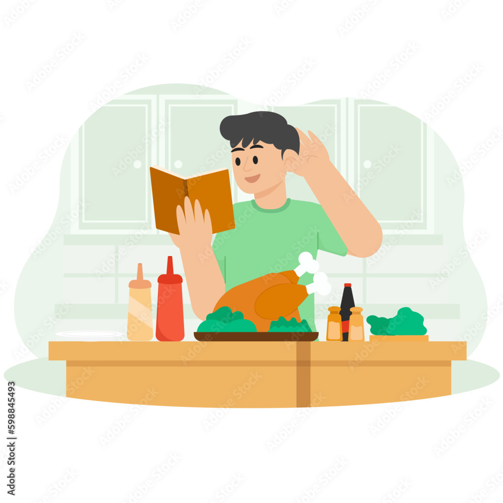 A Man Who Is Cooking Chicken With A Recipe Book Guide Illustration