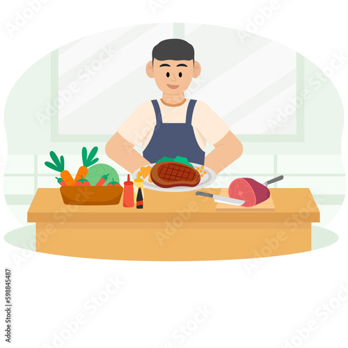 A Man Sees The Result Of His Cooking Illustration