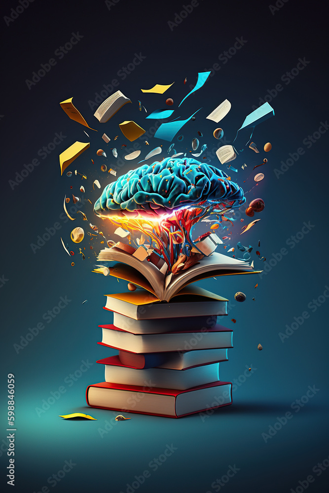 Stack of books fantastic levitation glowing brain and colorful splash on black background, World book day, knowledge and creativity concept - obrazy, fototapety, plakaty 