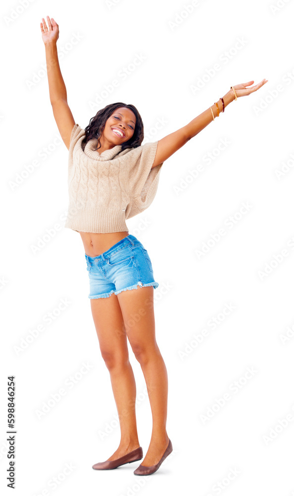 Stretching out her arms. Happy young woman standing against a white background with her arms outstretched. Stretching out her arms. Happy young woman standing against a white background with her arms outstretched.