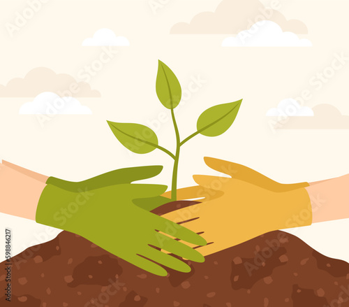 Two pairs of hands in green and yellow rubber gloves planting a seedling in the ground. Vector illustration in flat style