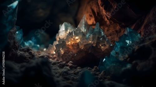 a cluster of crystals in a cave with a light coming from behind it and a bright light coming from behind it that is shining on the rocks. generative ai © Lucky Ai