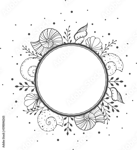 Round frame with seashells, seaweed plants and sand or sea bubbles, sketch illustration