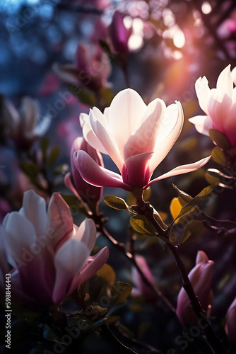 blooming pink magnolia branches in soft sunlight close up