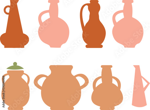 Set of different clay vases. Vector illustration in flat style.