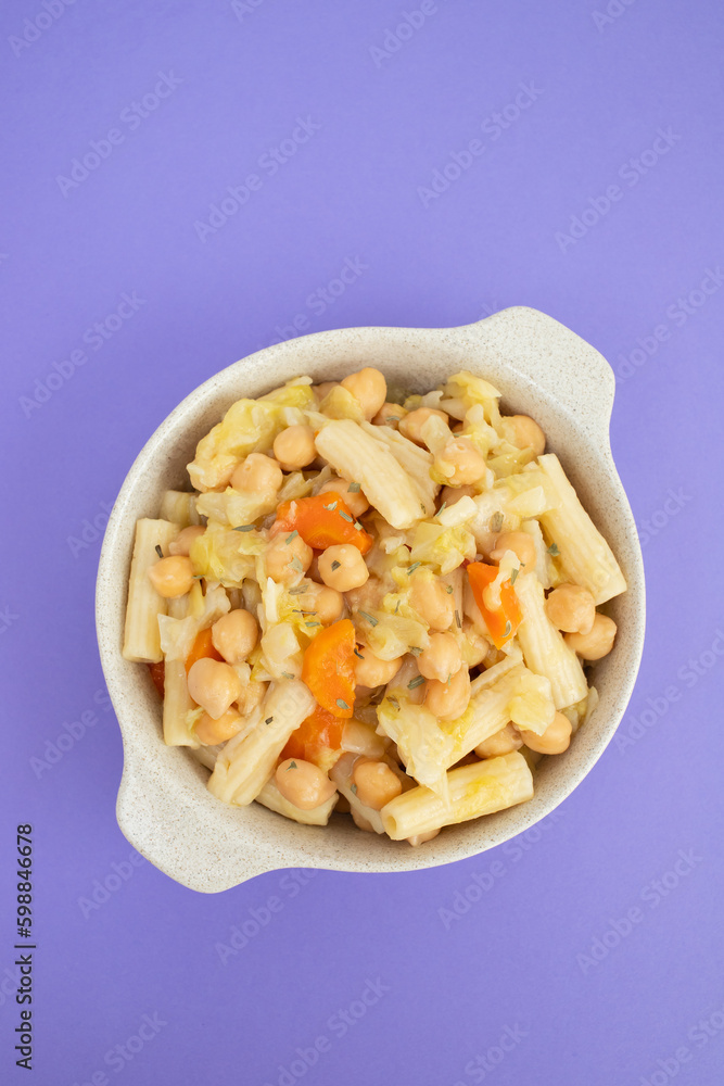 Cooked chick peas with cabbage, carrot in bowl Cooked chick peas with cabbage, carrot in bowl