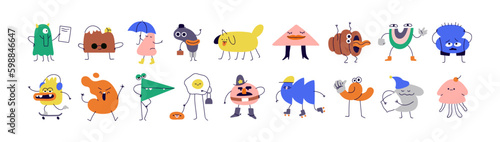 Abstract cartoon comic characters with cute face expressions, emotions. Funny creative kids humor figures with eyes, arms and legs. Childish flat vector illustrations isolated on white background