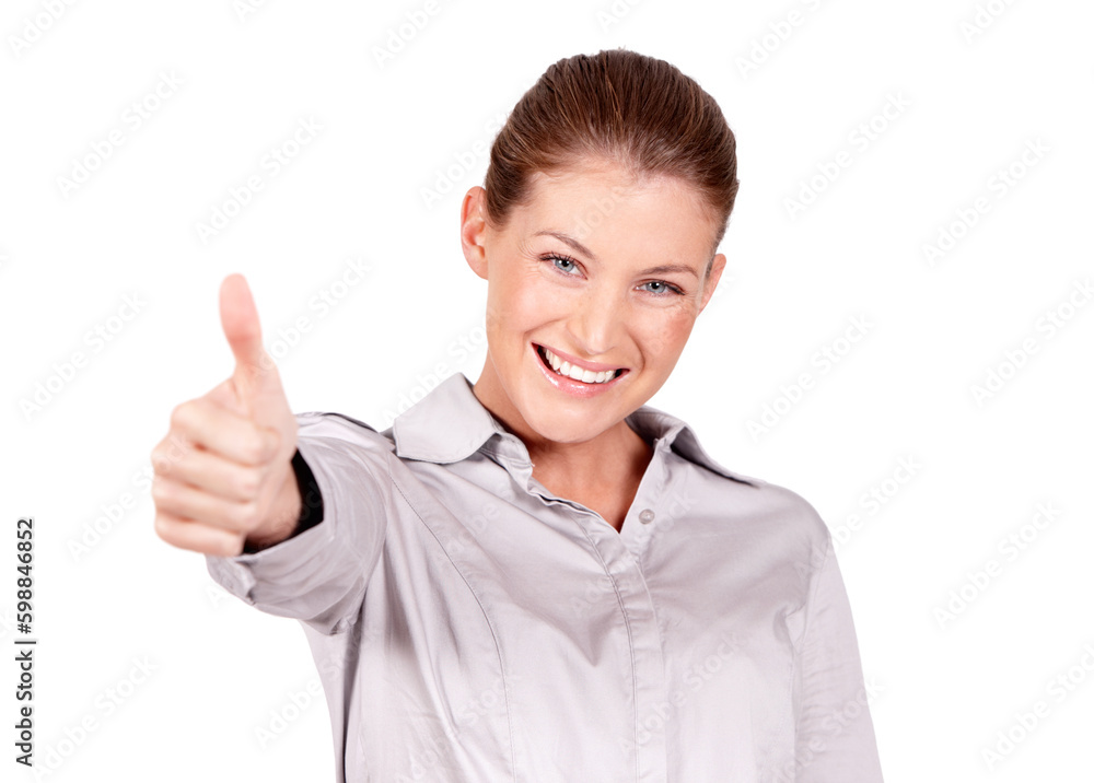 This is great. A lovely young woman giving you a thumbs up while isolated on a white background. This is great. A lovely young woman giving you a thumbs up while isolated on a white background.