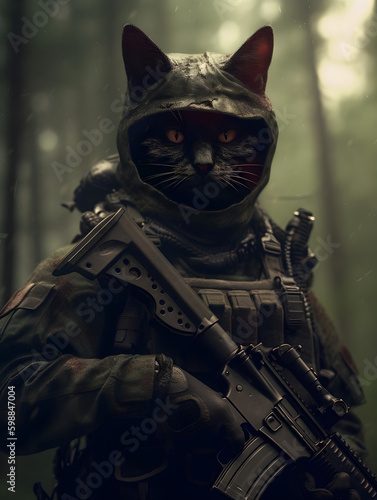Generative Ai: Soldier holding a weapon in the jungle, hyper realistic cat head