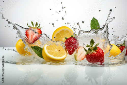 Flyingn slices of lemon strawberries and water splash. Generative AI. photo