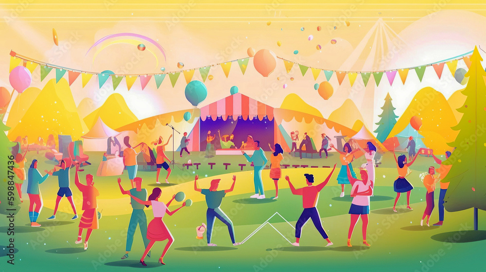 Music festival, open-air concert with outdoor stage, live performance, dancing people in nature. Copy space. Generative AI. 4