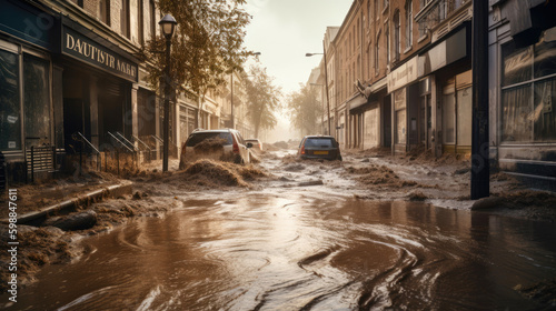 Huge flooding on a city street. Generative AI © piai