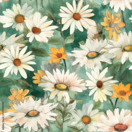 Seamless Watercolor Daisies Pattern  Repeating Floral Background  Generative AI