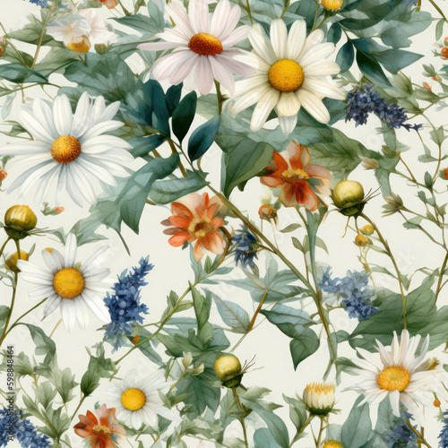 Seamless Watercolor Daisies Pattern, Repeating Floral Background, Generative AI