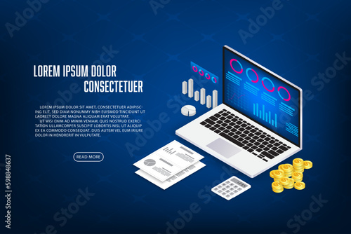 Vector finance and trading online application concept. Laptop and coint stock chart data concept isometric .