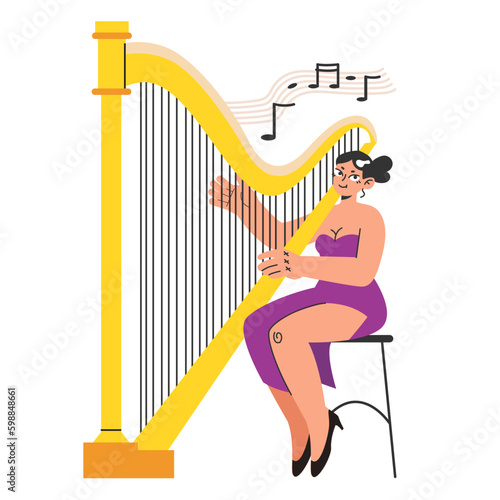 Harpist. Young female character in a beautifull dress playing a harp