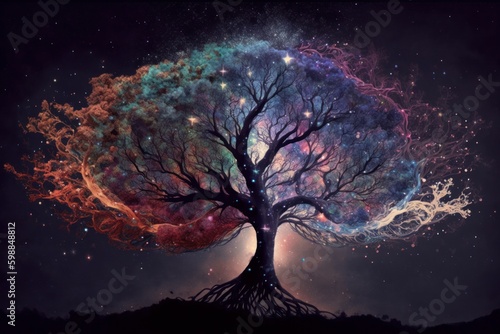 Fantasy landscape with magic trees and planets. Digital Illustration, generative ai
