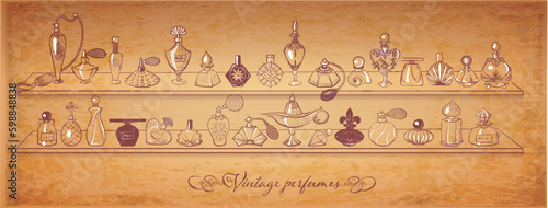 Collection of doodle perfume bottles on vintage background. Vector sketch illistration