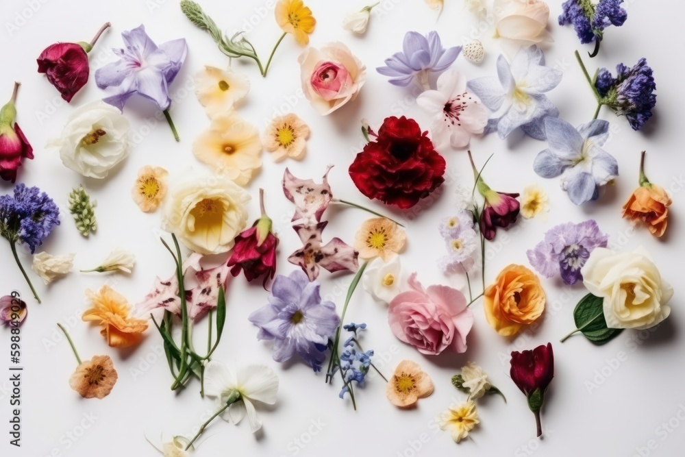 Beautiful colourful flowers on white background. Flat lay, top view, generative ai Beautiful colourful flowers on white background. Flat lay, top view, generative ai